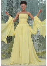 A-line Strapless Beading and Ruching Chiffon Light Yellow Prom Dress