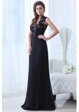 Navy Blue Empire V-neck Floor-length Appliques Chiffon Prom Dress with Open Back