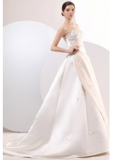 Princess Strapless Court Train Satin Champagne Wedding Dress with Embroidery