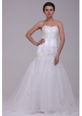 A-Line Sweetheart Tulle Appliques Tulle Wedding Dress with Court Train