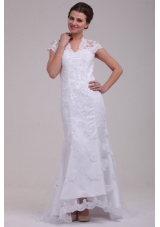 Column High Neck Appliques Open Back Lace Wedding Dress with Brush Train