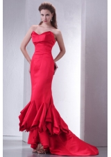 Coral Red Mermaid Sweetheart High-low Prom Dress with Ruffles