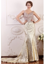 Court Train Column Straps Prom Dress with High Slit and Beading