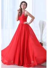 Empire Scoop Wine Red Ruching Beading Chiffon Prom Dress