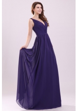 Simple Purple Empire V-neck Ruching Floor-length Chiffon Prom Dress
