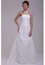 A-Line Halter Ruching and Appliques Chiffon Wedding Dress