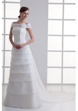 A-Line Off The Shoulder Organza Wedding Dress with Watteau Train