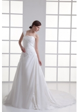 A-line One Shoulder Ruching Chiffon Court Train Wedding Dress