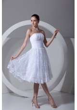 A-Line Strapless Tea-length Lace and Ruching Wedding Dress