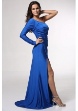 Blue Long Sleeve One Shoulder Prom Dress with High Slit