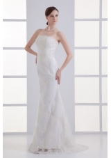 Column Brush Train Appliques Zipper Up Lace 2014 Wedding Dress