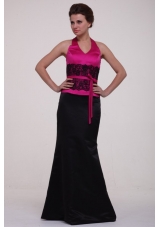 Column Hot Pink and Black Lace Satin Halter Top Prom Dress