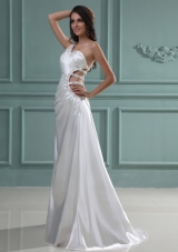 Column One Shoulder Floor-length Beading Taffeta Wedding Dress with Side Zipper