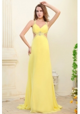 Column Straps Light Yellow Beading and Ruching  Prom Dress