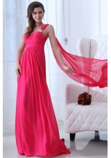 Empire Straps Hot Pink Beading and Ruching Chiffon Prom Dress