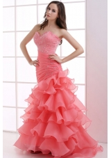 Mermaid Watermelon Red Sweetheart Beading Ruffled Layers Ruching Prom Dress