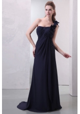 One Shoulder Hand Made Flowers Chiffon Navy Blue Prom Dress