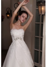 Romantic A-Line Strapless Appliques Chapel Train Tulle Wedding Dress