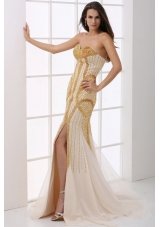 Sweetheart Column Champagne Beaded Decorate Prom Dress