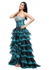 A-line Strapless Black and Blue Ruffled Layers Organza Beading Prom Dress