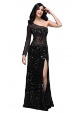 Column Black One Shoulder Long Sleeves Sequins High Slit Prom Dress