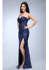 Column Navy Blue Sweetheart Sequins Floor-length High Slit Prom Dress