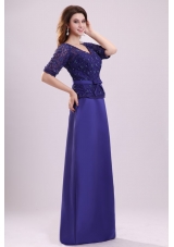 Column V-neck Lace Sash Purple Half Sleeves Satin Long Prom Dress