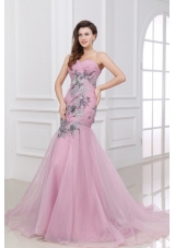 Mermaid One Shoulder Rose Pink Appliques Ruching Organza Long Prom Dress