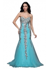 Mermaid Sweetheart Appliques Light Blue Brush Train Prom Dress