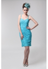 Blue Straps Column Side Zippe rChiffon Knee-length Ruching Prom Dress