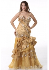Bowknot Unique Sweetheart Gold Prom Dress with Beading and Flowers