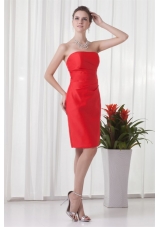 Column Strapless Mini-length Red Ruching Taffeta Prom Dress