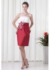 Column Strapless Red and White Mini-length Ruching Prom Dress