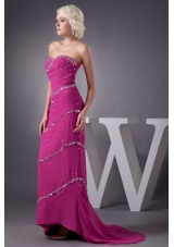 Fuchsia Column Sweetheart Chiffon Brush Train Beading Prom Dress
