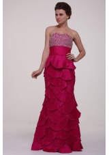 Hot Pink Column Strapless Prom Dress with Beading and Layers