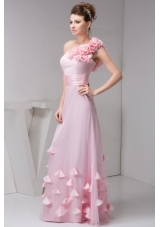 One Shoulder Floor-length Pink Organza Hand Made Flowers Prom Dress