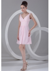 Pink A-line V-neck Mini-length Ruching Chiffon Prom Dress