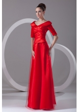 Cheap Column V-neck Red Taffeta Half Sleeves Red Ruching Prom Dress