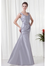 Grey Column Straps Taffeta Beading and Ruching Prom Dress
