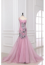 Mermaid One Shoulder Appliques Organza Court Train Pink Prom Dress
