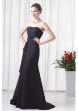 Black Column Strapless Brush Train Ruching Prom Dress with Lace Up
