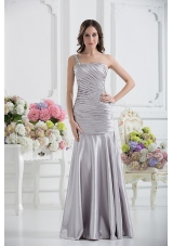 A-line One Shoulder Satin Beading and Ruching Prom Dress in Silver
