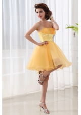 A-line Strapless Organza Gold Mini-length Prom Dress with Ruching