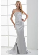 Mermaid Strapless Beading and Ruching Brush Train White Prom Dress