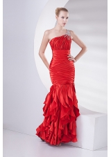 Mermaid Wine Red One Shoulder Beading Ruching Ruffles Long Prom Dress