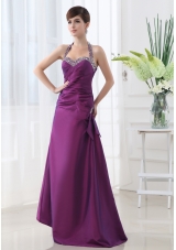 Eggplant Purple Halter Top Beading and Ruching Taffeta A-line Prom Dress