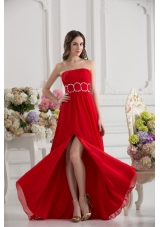Empier Strapless Chiffon Beading Ruching High Slit Red Prom Dress