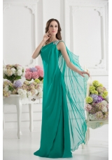 Green Empire One Shoulder Beading Watteau Train Ruching Prom Dress