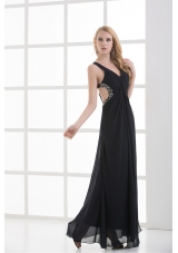 High Slit Straps Black Ankel-length Beading and Ruching Prom Dress