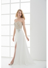 High Slit Sweetheart Beading and Ruching Floor-length Prom Dress